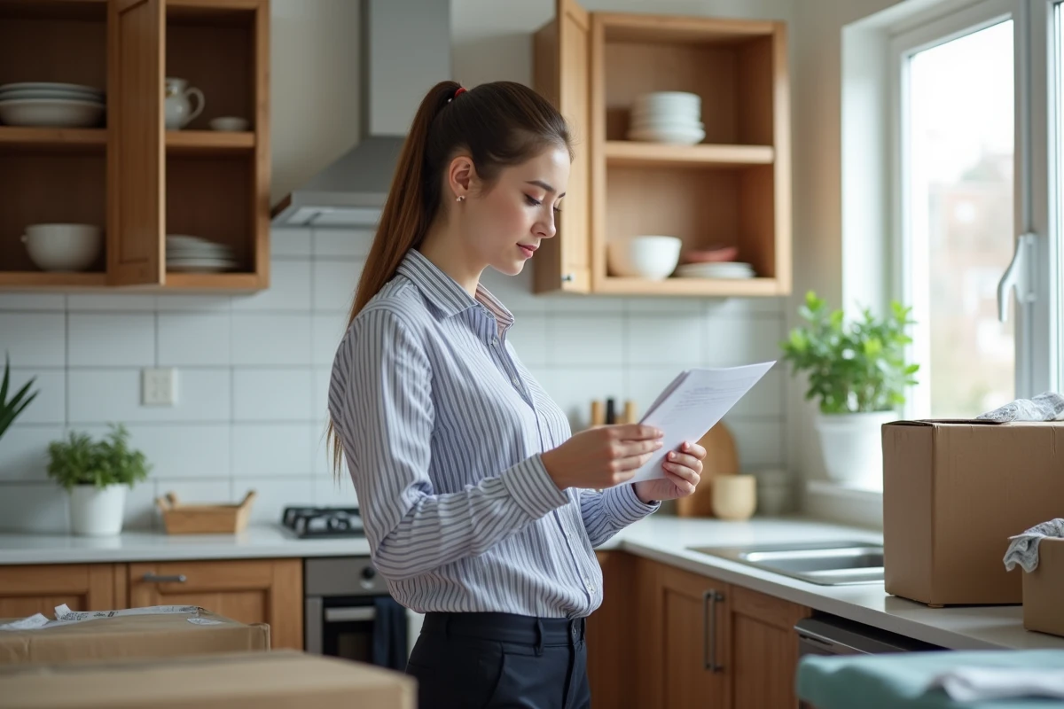 Femme consultant une liste de tâches pour planifier son déménagement dans une cuisine en cours de déballage