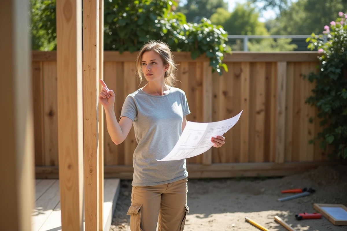 Femme examinant les plans de pose de lambourdes pour le dimensionnement d'une terrasse en bois