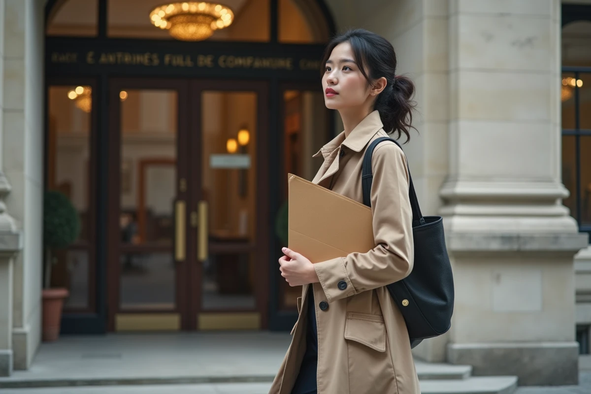 Femme devant une préfecture française avec une enveloppe de documents pour sa carte de résident