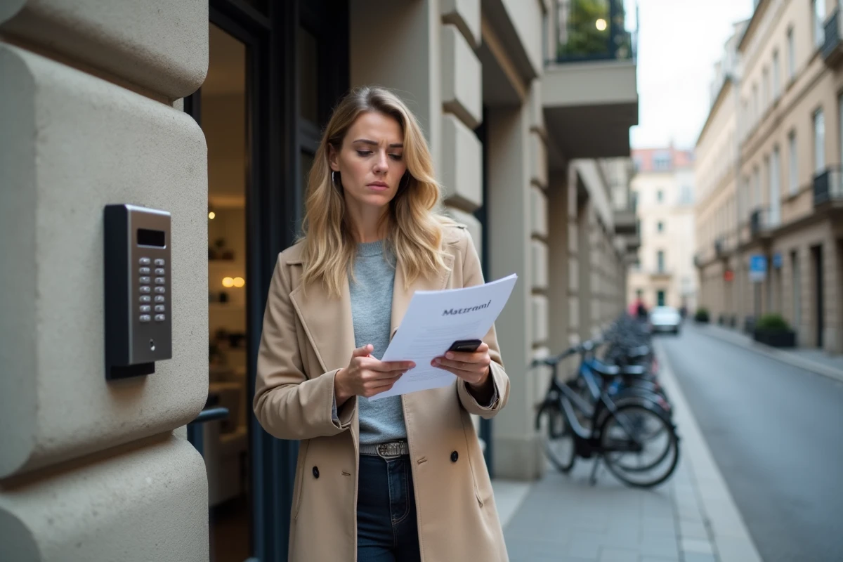 Femme consultant son téléphone devant un immeuble après un problème de location Airbnb