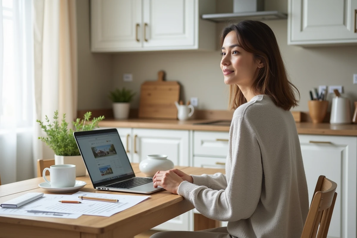 Femme consultant des annonces immobilières sur un ordinateur portable avec des graphiques de prix à la maison, symbolisant la recherche d'achat immobilier