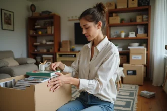 Femme triant des affaires dans des cartons lors d'un déménagement vers un logement plus petit