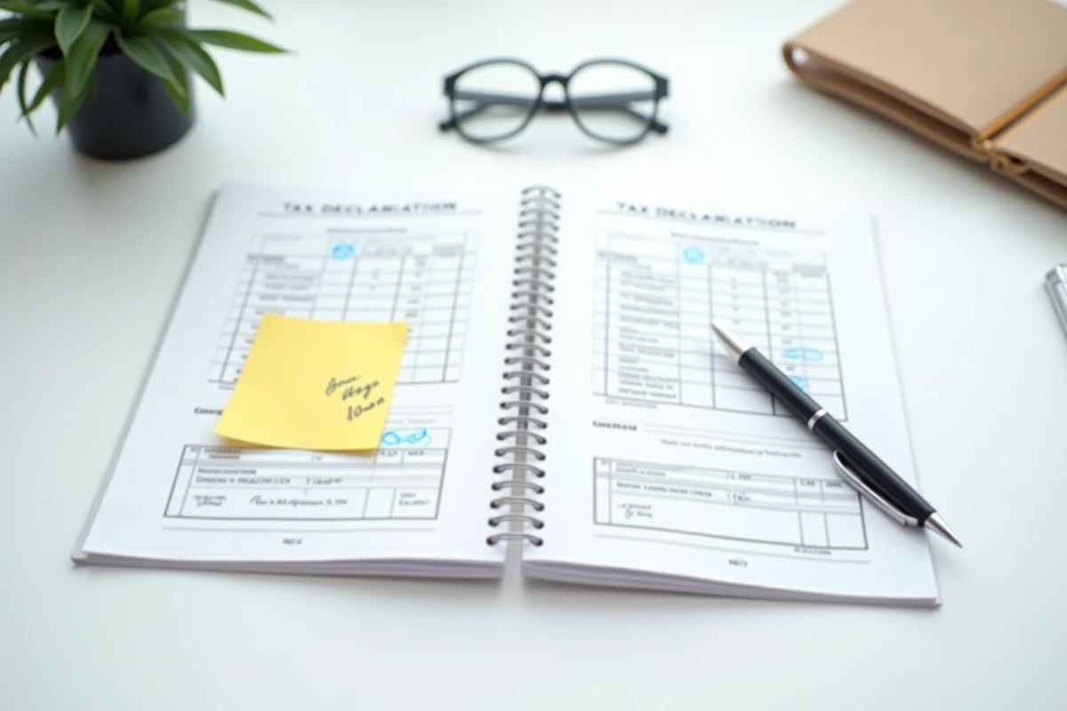 Vue aérienne de deux formulaires de déclaration fiscale ouverts sur un bureau avec annotations manuscrites et lunettes de lecture