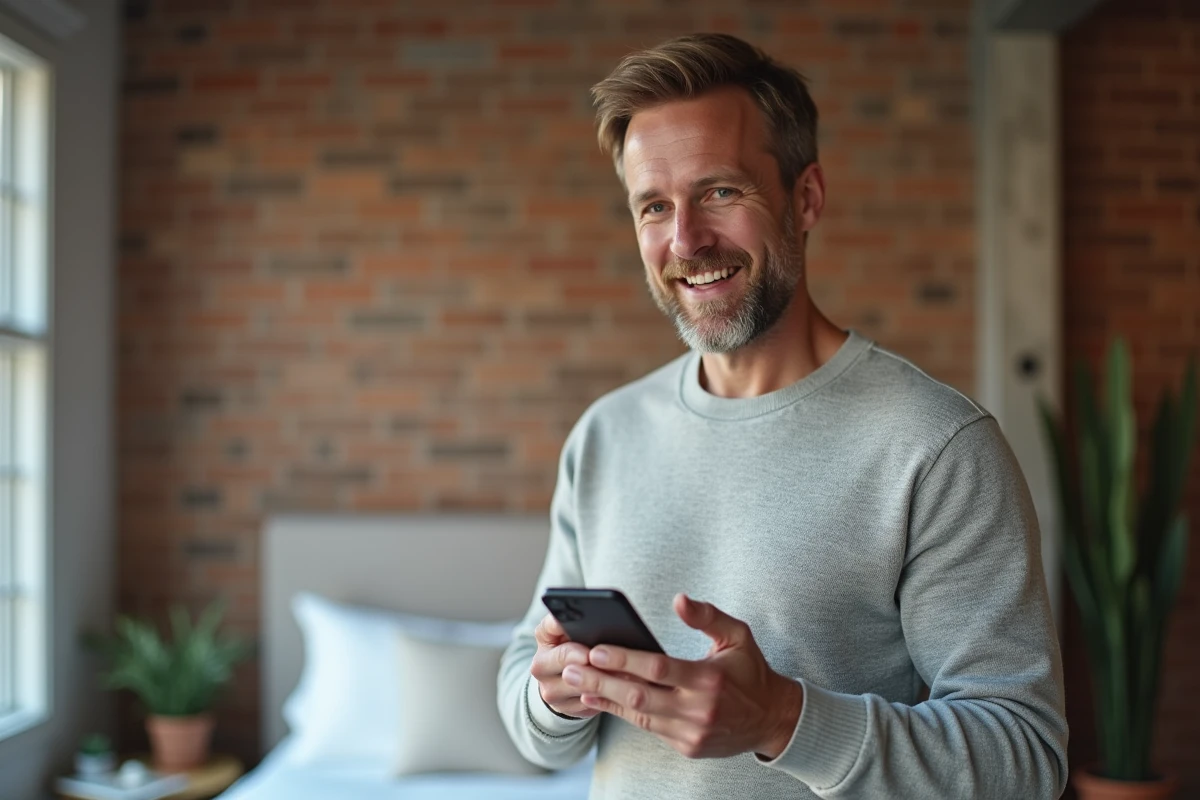 Un hôte Airbnb vérifie les pourcentages de frais et la tarification sur l'application mobile dans un appartement en location courte durée