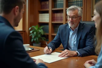 Garant illimité signant un document légal devant un couple dans un bureau notarial professionnel