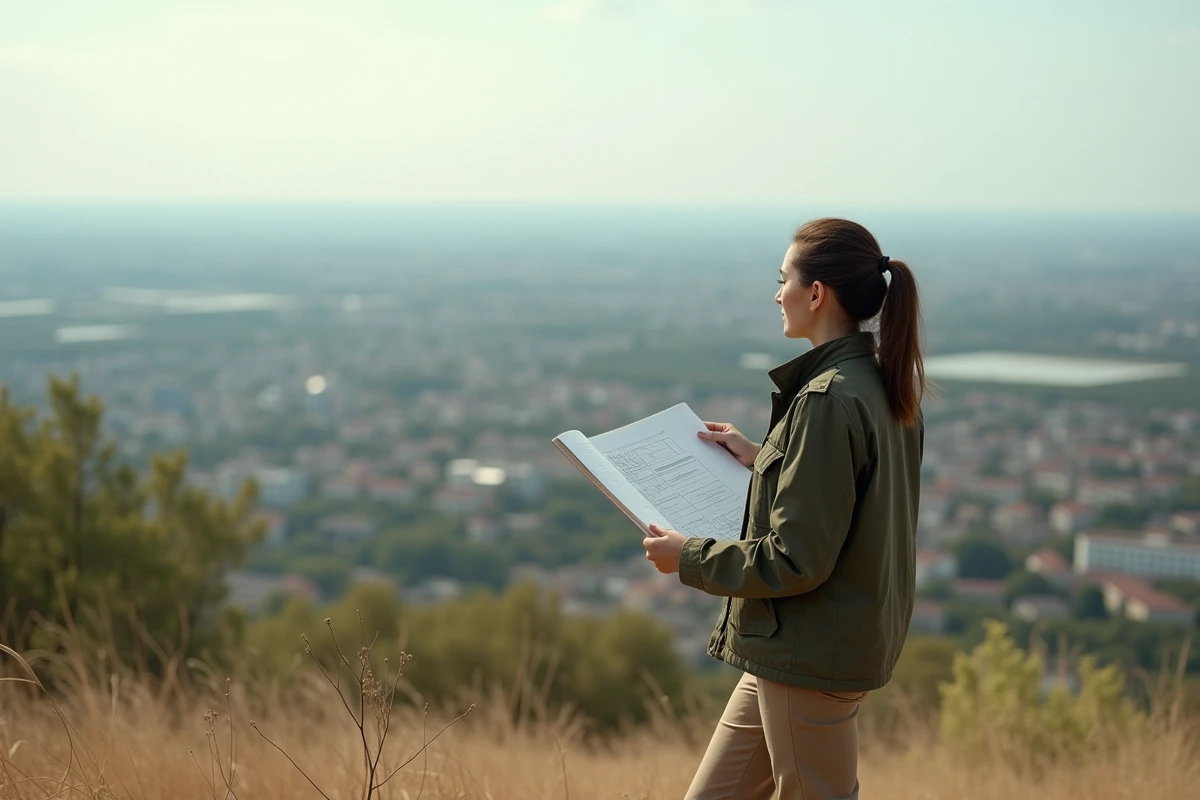 Géographe tenant un document d'aménagement territorial avec vue sur un paysage urbain et rural représentant les zones du SDAU