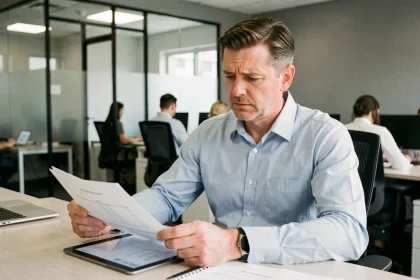 Gestionnaire de copropriété examinant des documents de charges impayées dans un bureau moderne