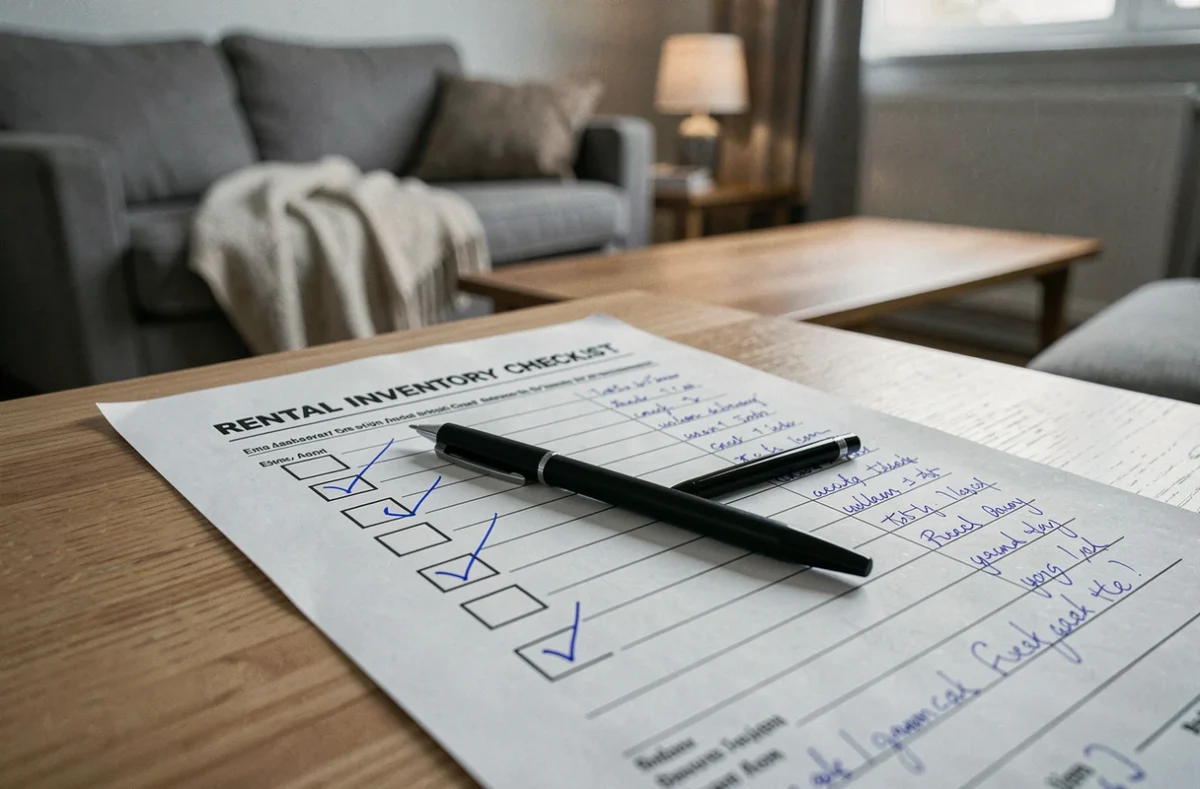 Gros plan d'une liste de mobilier cochée pour une location meublée posée sur une table en bois avec appartement en arrière-plan flou