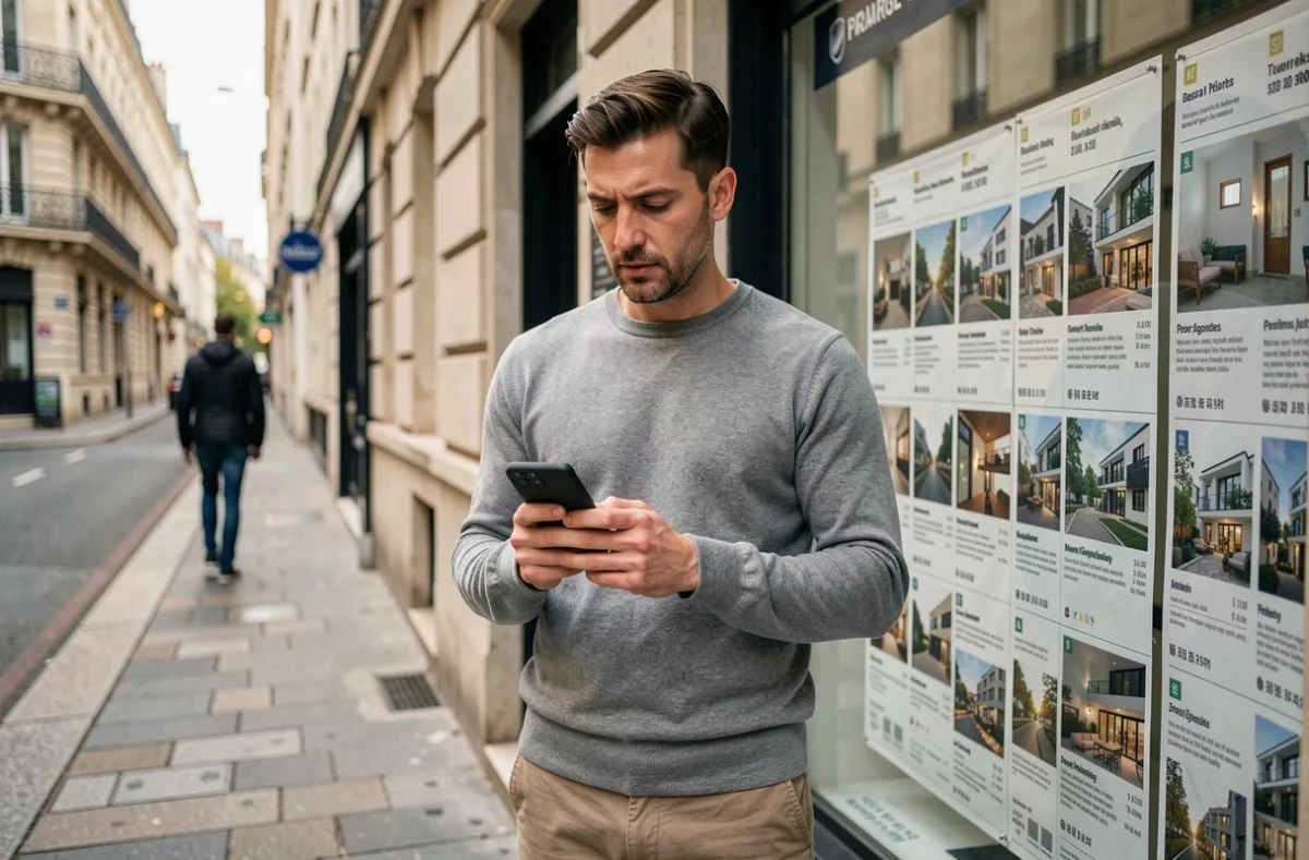 Homme devant une agence immobilière comparant les options de garant locatif sur son smartphone, dont Garantme et Visale