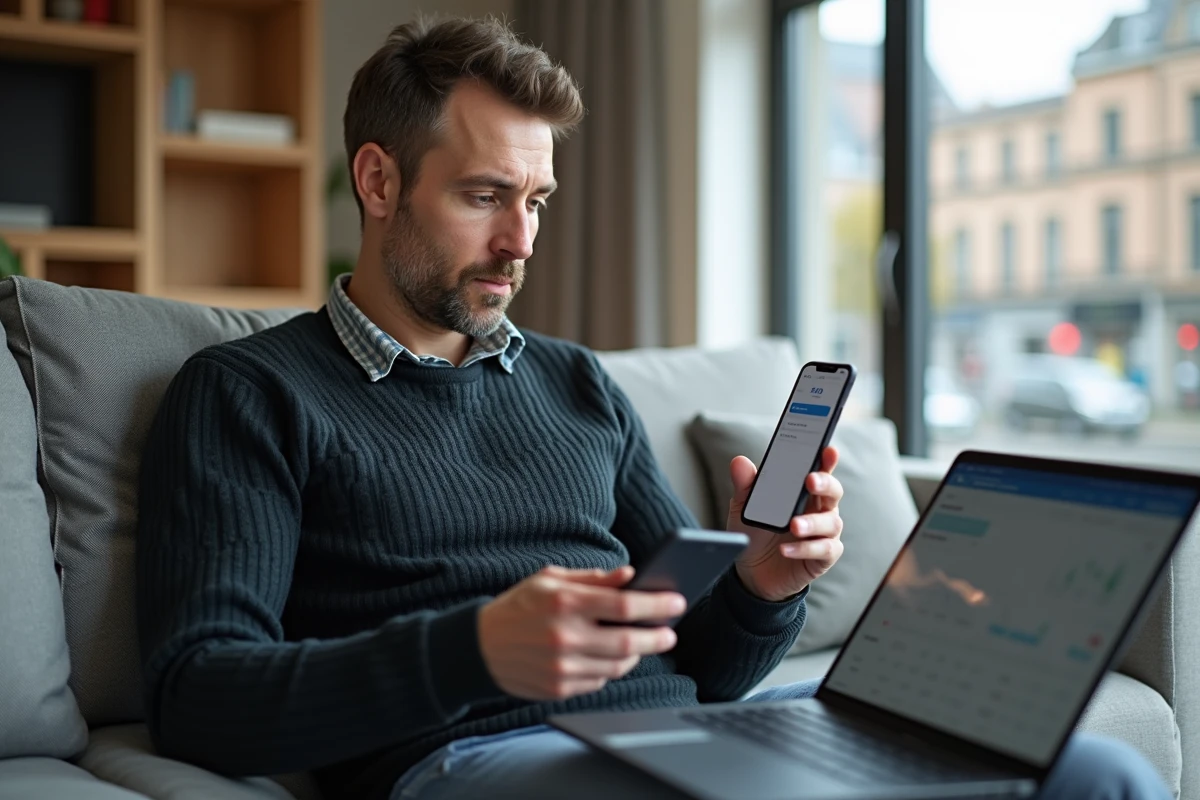Homme comparant des SCPI sur smartphone et ordinateur portable dans son salon
