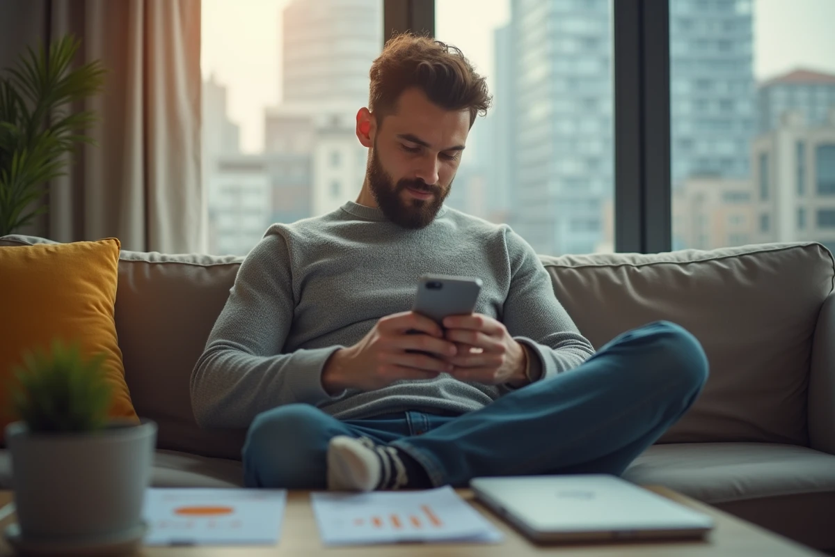 Homme comparant des offres de taux de prêt immobilier sur ordinateur portable à domicile
