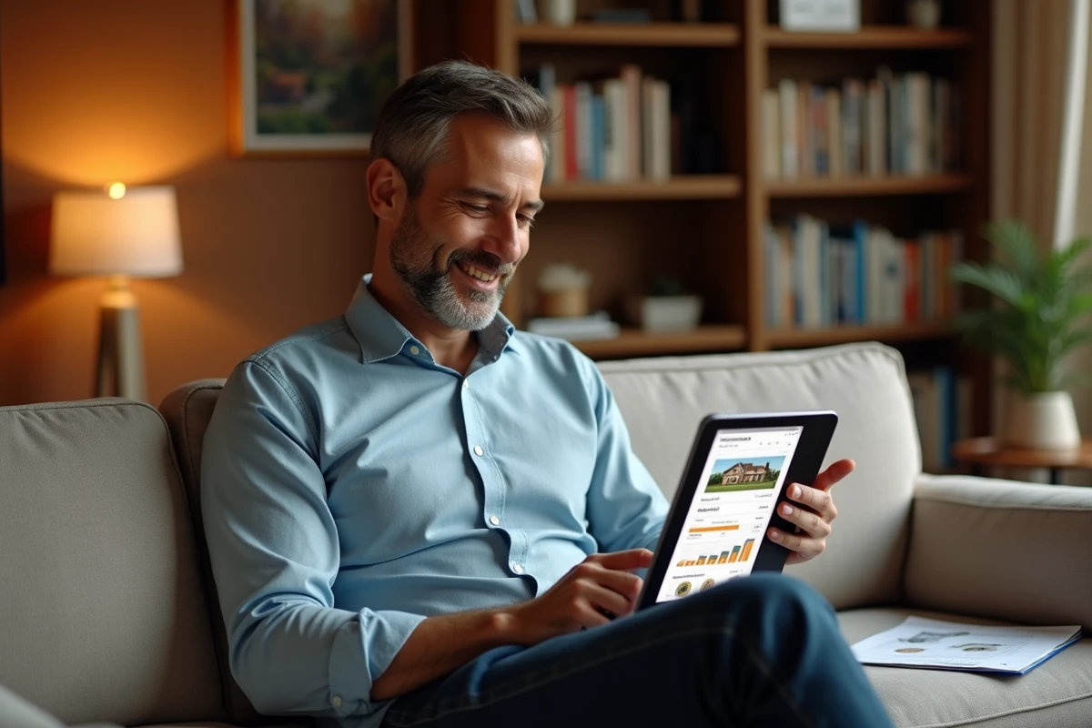 Homme consultant une plateforme de crowdfunding immobilier sur tablette depuis son domicile