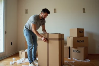 Homme emballant des cartons de déménagement dans un appartement en cours de vidage, illustrant les délais à prévoir pour organiser un déménagement