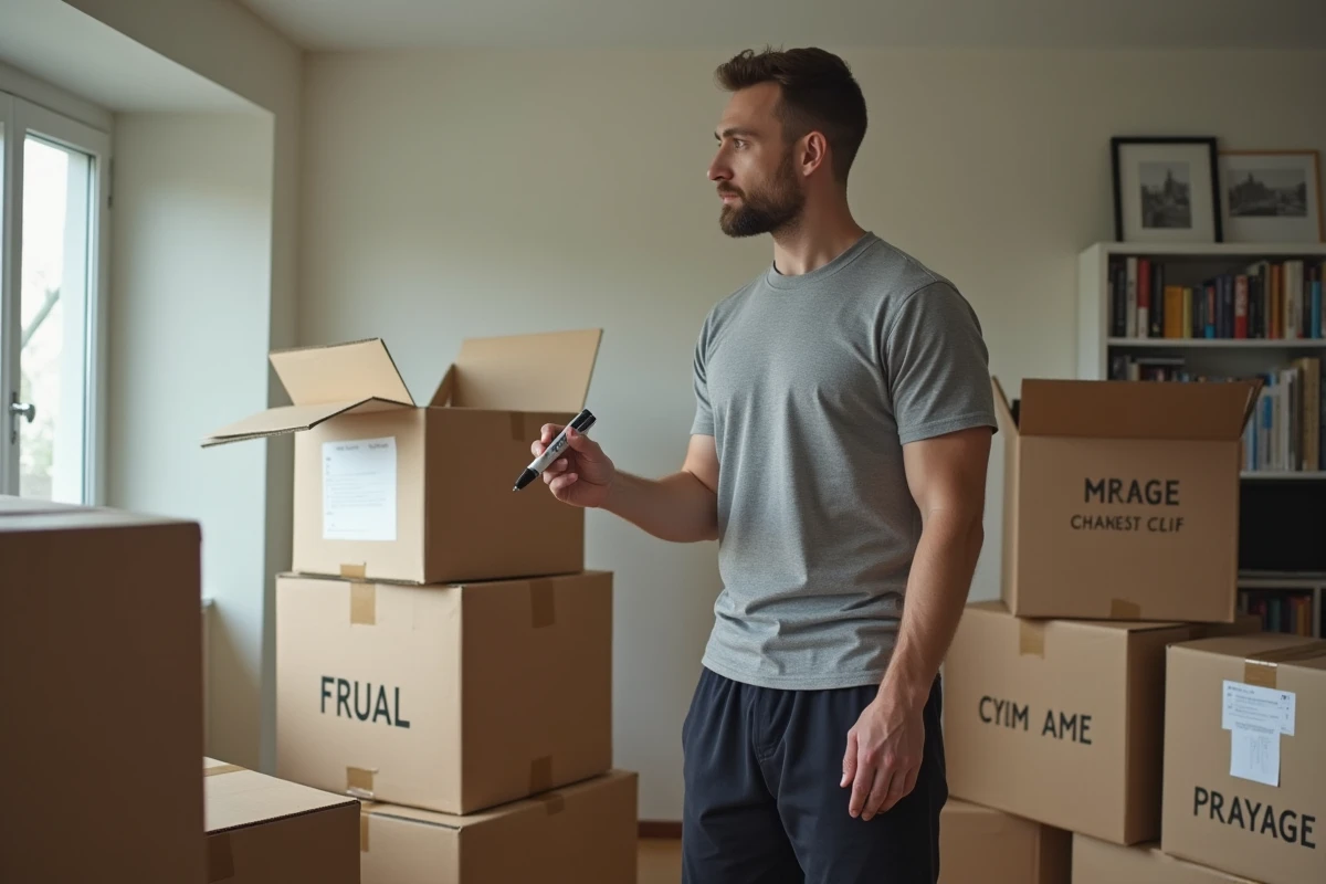 Homme étiquetant des cartons de déménagement dans un salon partiellement vidé