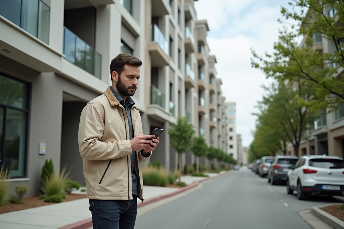 Homme évaluant un immeuble résidentiel neuf dans un quartier en développement lors de la recherche d'un bien immobilier