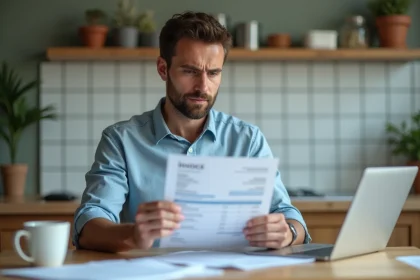 Homme consultant une facture d'hébergement web à son bureau de cuisine avec un ordinateur portable ouvert