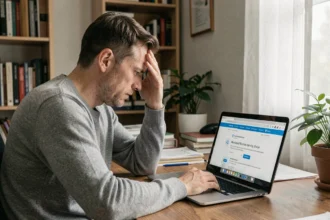 Homme frustré devant un ordinateur portable affichant une erreur de connexion sur un compte en ligne municipal