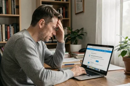 Homme frustré devant un ordinateur portable affichant une erreur de connexion sur un compte en ligne municipal