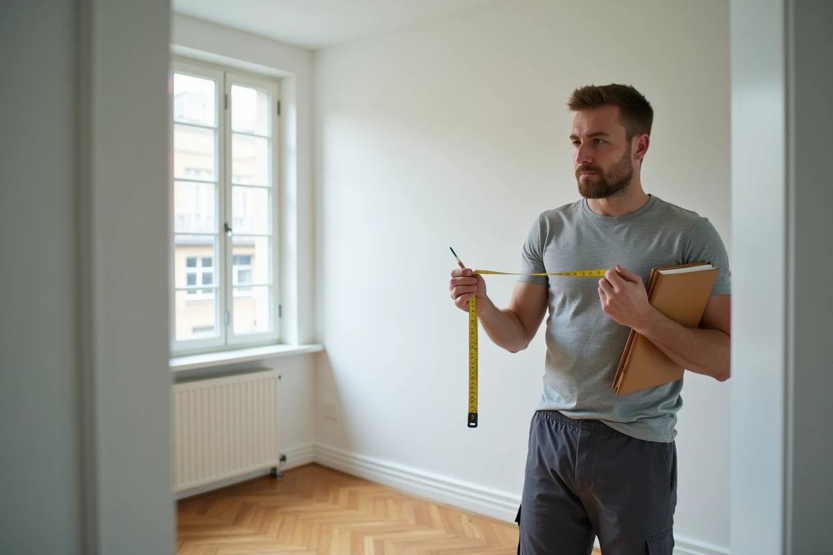 Homme mesurant une petite chambre dans un nouvel appartement lors d'un déménagement