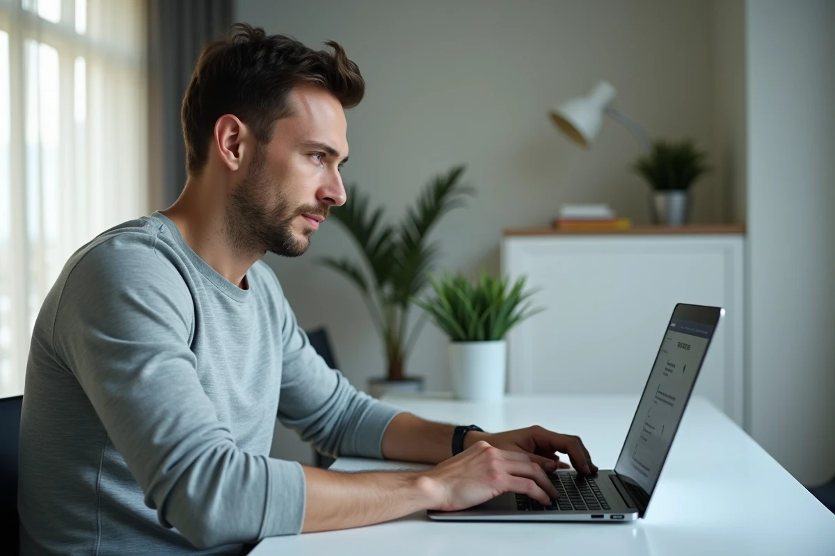 Homme consultant un portail fiscal en ligne sur ordinateur portable pour comprendre les différences entre formulaires de déclaration