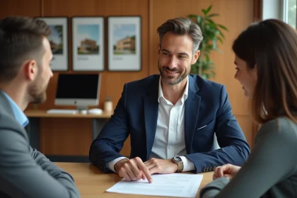 Agent immobilier expliquant les honoraires à la charge de l'acquéreur lors d'une signature de contrat