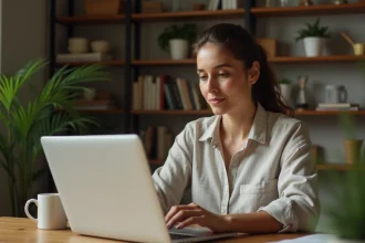 Une femme propriétaire Airbnb consulte ses revenus et les frais de commission sur son ordinateur portable à son bureau à domicile