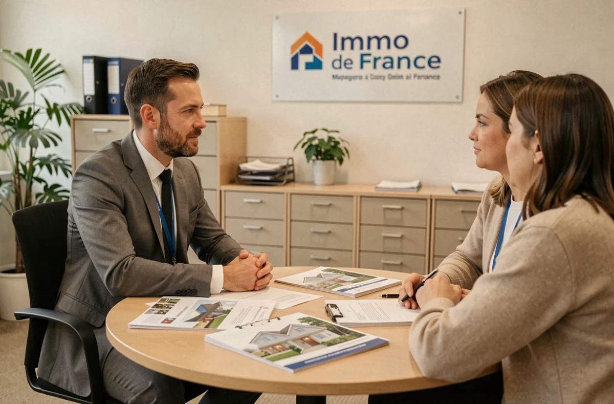 Agent d'Immo de France Nord en consultation avec des clients potentiels autour d'une table de réunion