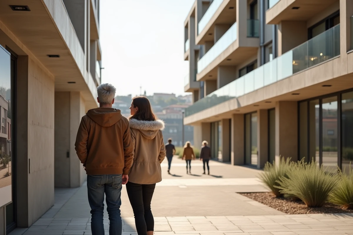 Couple consultant un panneau immobilier devant un immeuble neuf dans le quartier Montaudran-Lespinet à Toulouse, architecture contemporaine et espaces verts aménagés