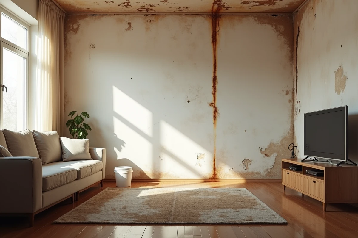Dégât des eaux au plafond d'un salon avec infiltration et peinture décollée