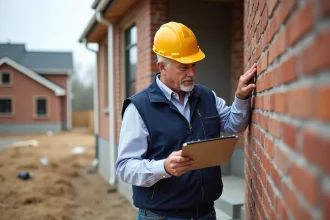 Inspecteur du bâtiment examinant la solidité d'un mur en briques d'une maison construite par un particulier