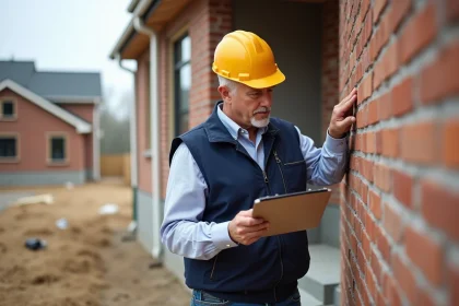 Inspecteur du bâtiment examinant la solidité d'un mur en briques d'une maison construite par un particulier