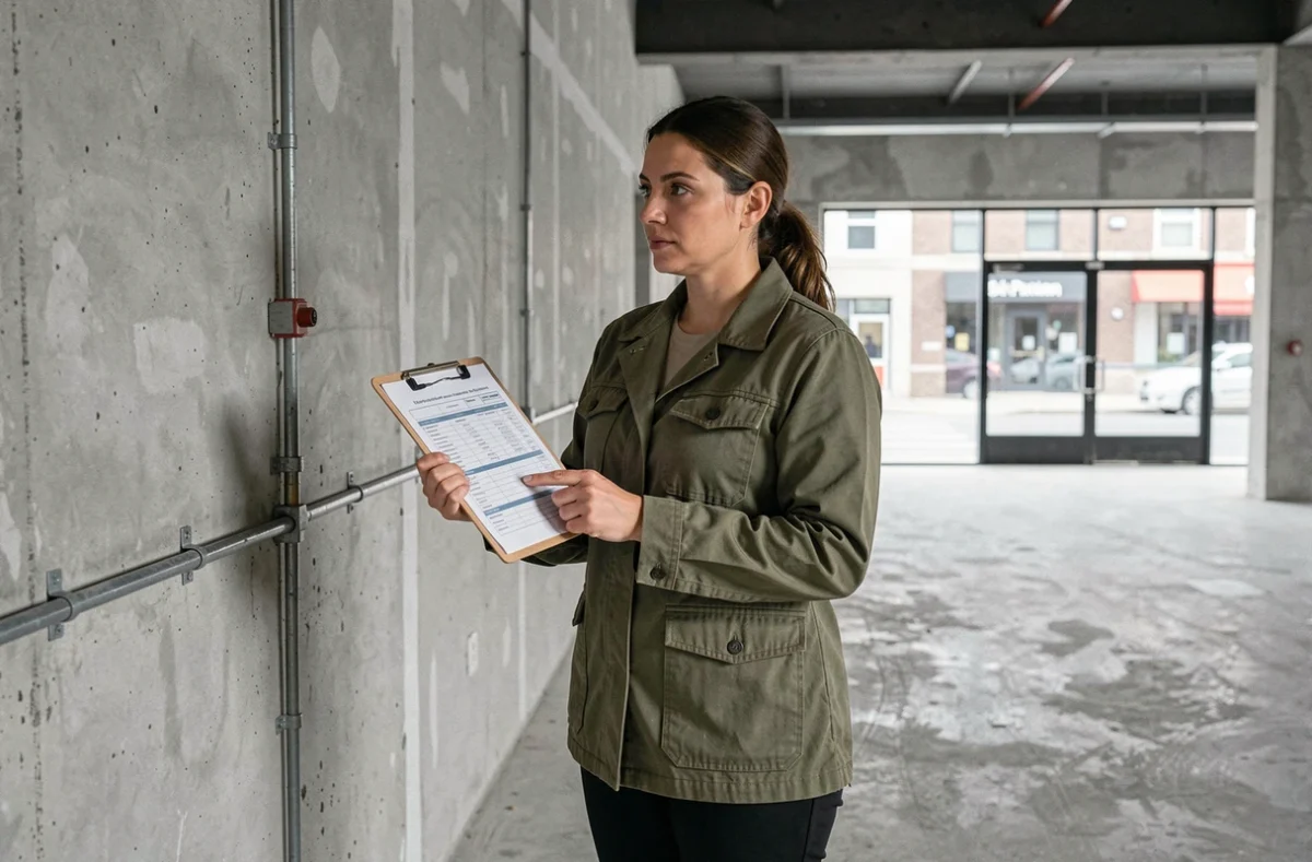 Inspectrice réalisant un diagnostic obligatoire dans un local commercial vide avant signature du bail