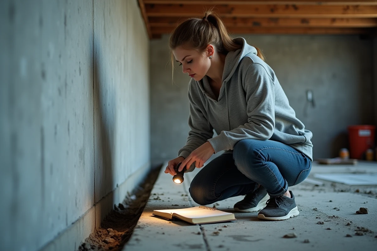 Femme inspectant les fondations en béton d'une maison dans un sous-sol non terminé lors d'un achat immobilier entre particuliers