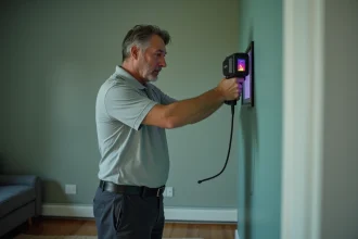 Inspecteur immobilier utilisant une caméra thermique pour vérifier l'isolation d'un mur intérieur