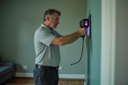 Inspecteur immobilier utilisant une caméra thermique pour vérifier l'isolation d'un mur intérieur