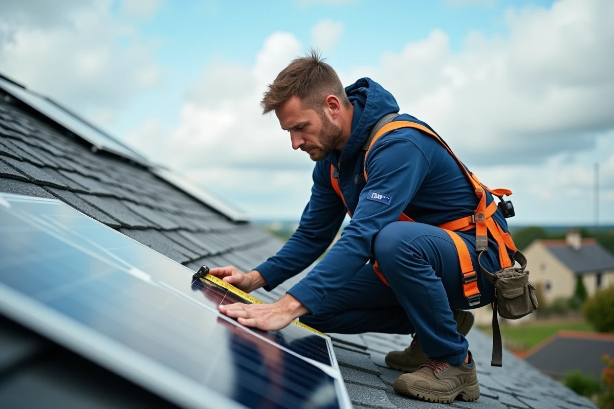 Technicien installant des panneaux solaires sur un toit résidentiel en France, mesure et alignement des modules