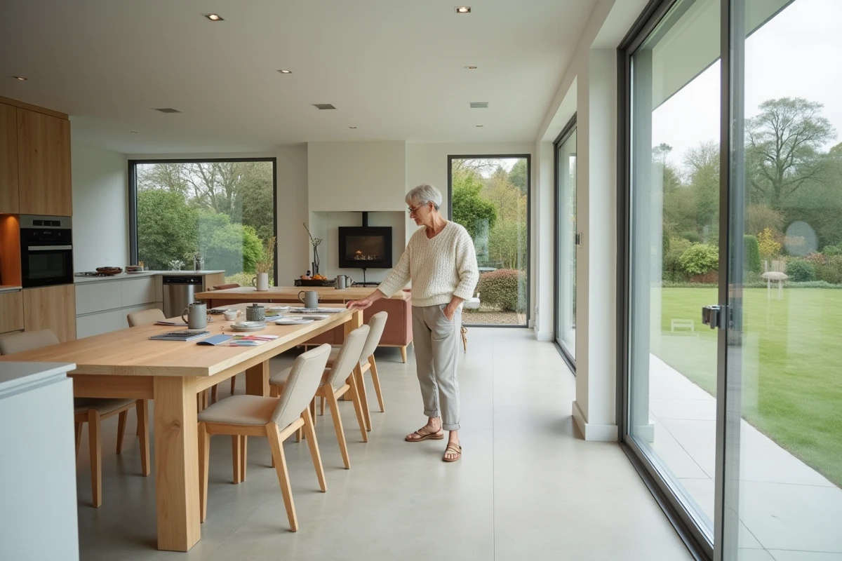 Intérieur d'une extension de maison de 30m2 aménagée en séjour moderne avec sol en béton ciré et grandes baies vitrées donnant sur jardin