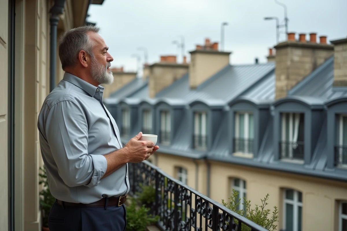 Homme sur le balcon d'un studio haussmannien réfléchissant à un investissement immobilier locatif