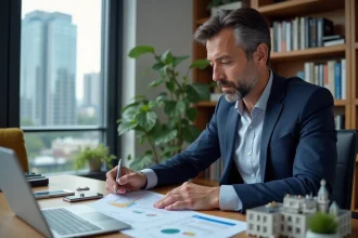 Investisseur immobilier analysant la rentabilité de biens locatifs avec des tableurs et une maquette d'immeuble dans un bureau moderne
