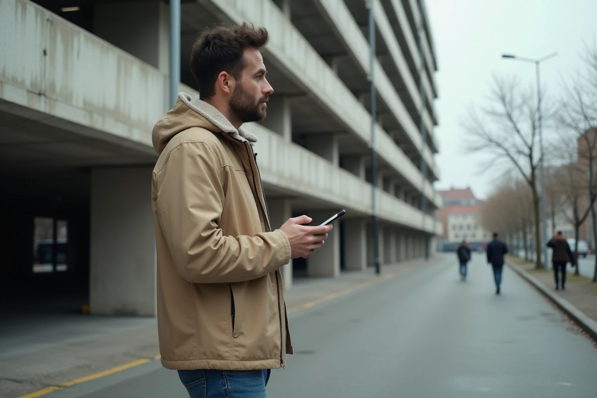 Investisseur immobilier devant un parking extérieur en ville évaluant le potentiel d'amortissement de la structure
