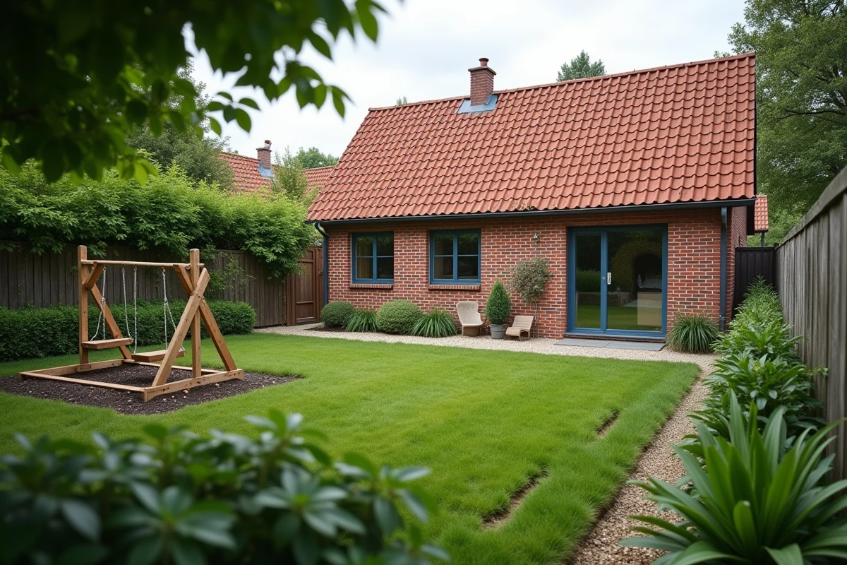 Jardin familial avec balançoire et potager d'une maison à louer dans le Nord 59 dans un secteur résidentiel paisible