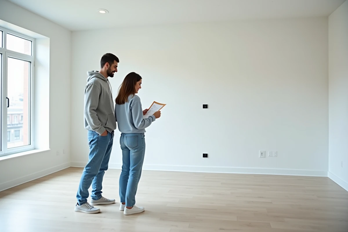 Jeune couple dans un appartement vide tenant une liste de meubles à acquérir grâce aux aides disponibles