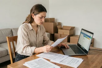 Jeune femme consultant des documents de location et comparant des garanties locatives comme Garantme, Visale et garants classiques