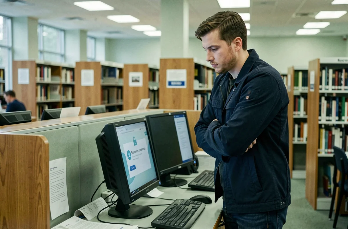 Jeune homme devant un ordinateur public en bibliothèque face à un compte bloqué sur un portail de services en ligne