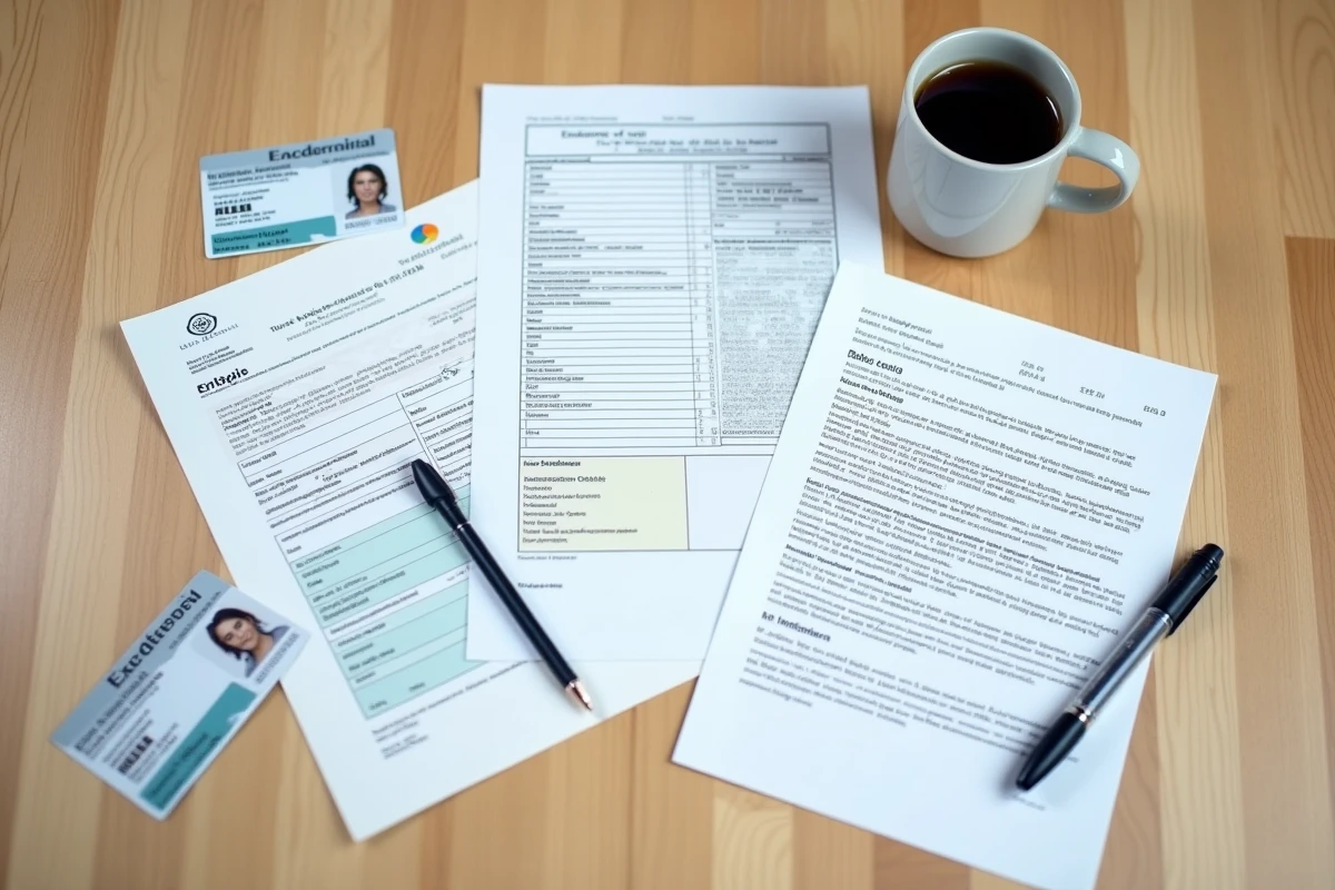 Vue aérienne des documents obligatoires pour une location immobilière étalés sur une table en bois