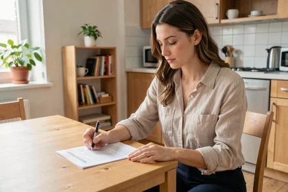 Femme consultant une liste d'inventaire pour une location meublée assise à une table en bois dans un appartement moderne