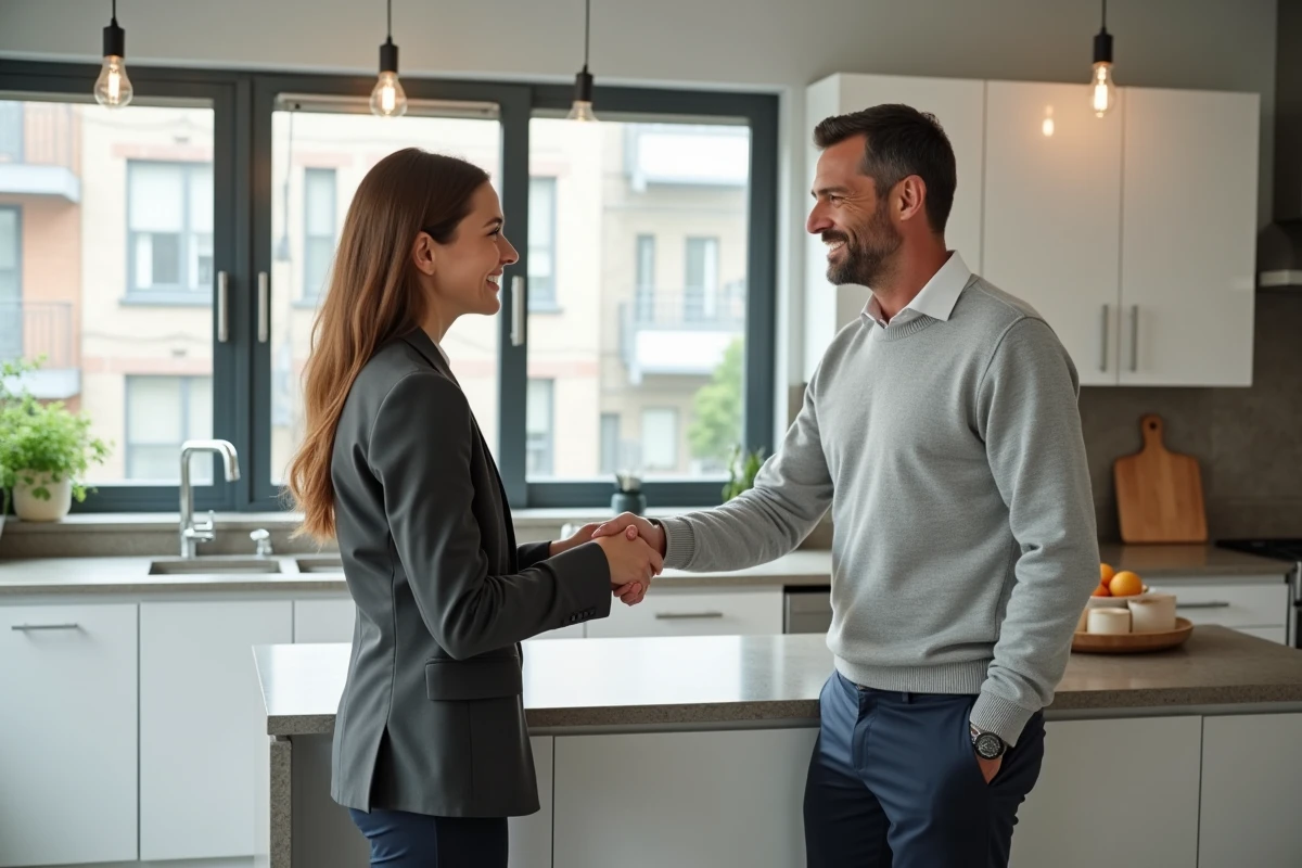 Locataire et agent immobilier signant un accord de location dans une cuisine rénovée