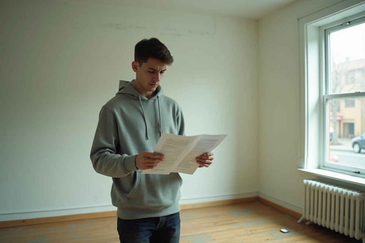 Jeune locataire lisant un bail dans un appartement vide avec une expression d'inquiétude