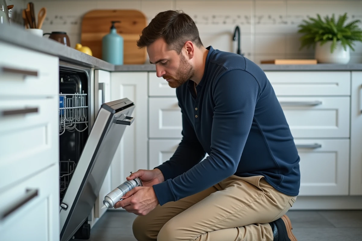 Locataire appliquant du joint silicone autour d'un lave-vaisselle dans une cuisine d'appartement