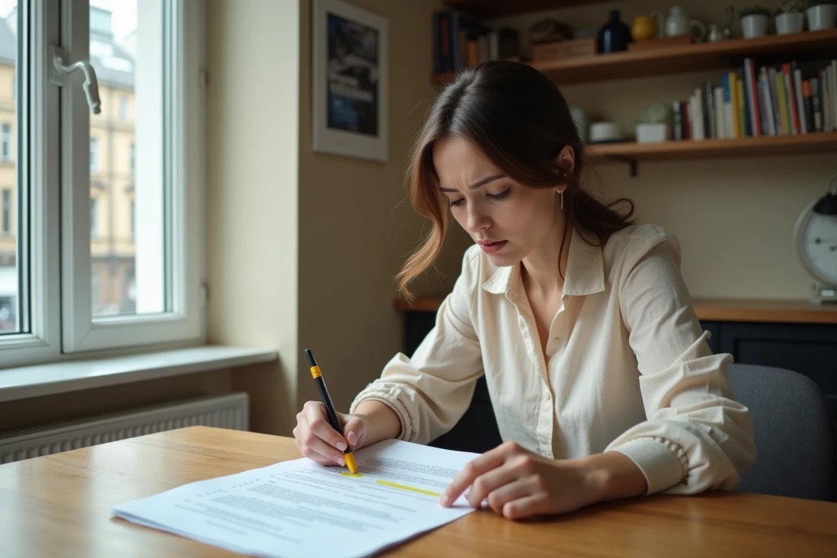 Femme locataire lisant attentivement les clauses interdites d'un contrat de bail à son domicile